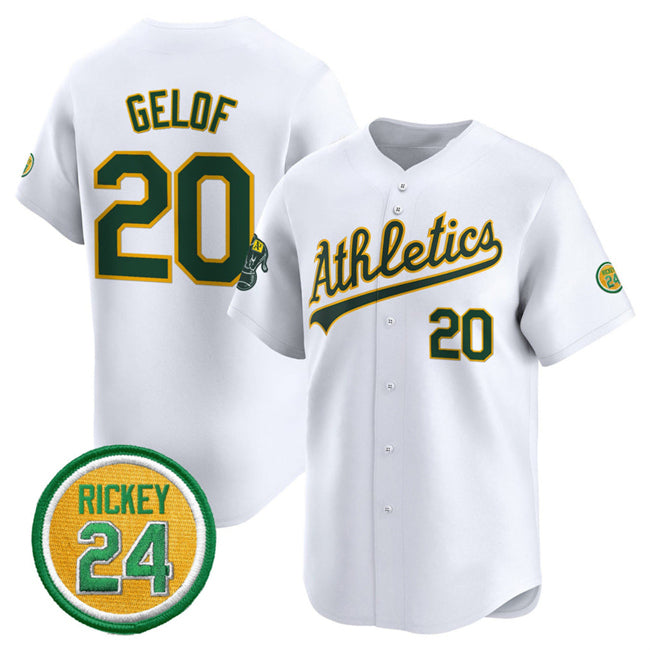 Oakland Athletics #20 Zack Gelof White Puhics 2024 Home Limited With Rickey Henderson Patch Stitched Jersey
