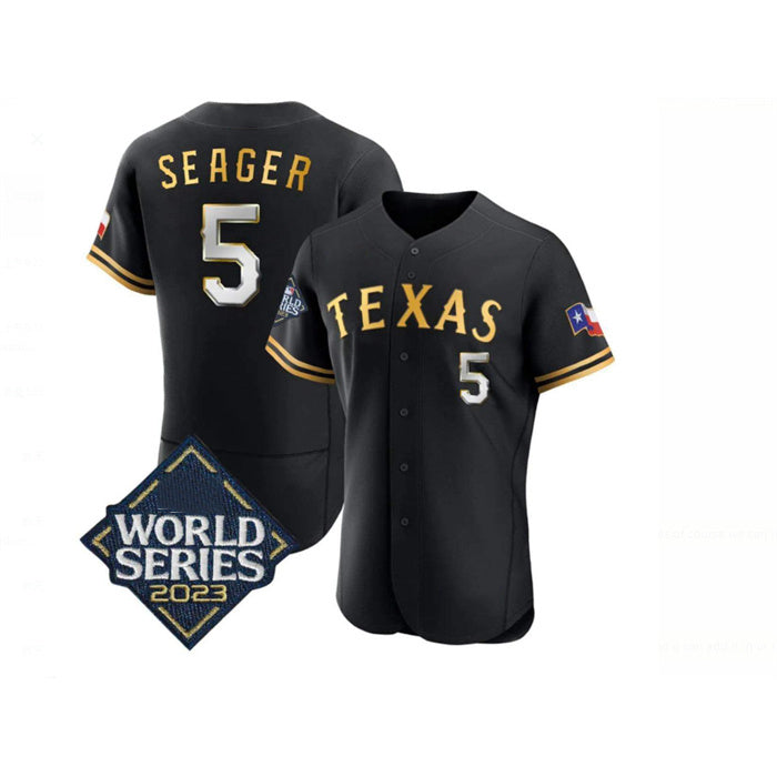 Texas Rangers #5 Corey Seager Black Gold Puhics 2023 World Series Flex Base Stitched Jersey