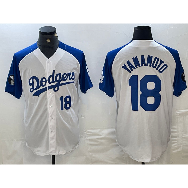 Los Angeles Dodgers #18 Yoshinobu Yamamoto Number White Blue Puhics Fashion Stitched Cool Base Limited Jersey 2
