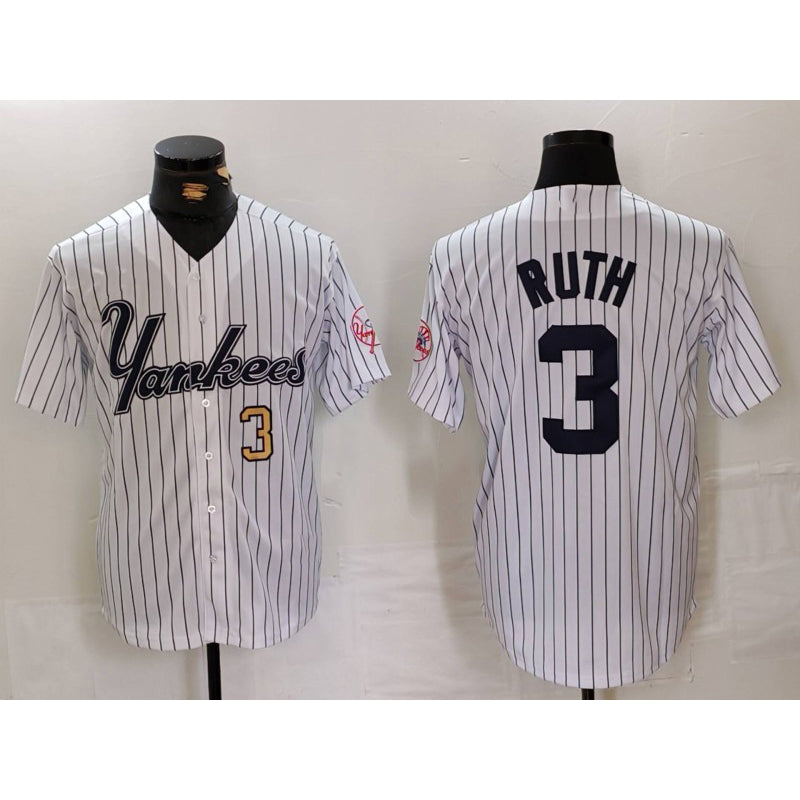 New York Yankees #3 Babe Ruth White Puhics Pinstripe Fashion Cool Base Jerseys 2