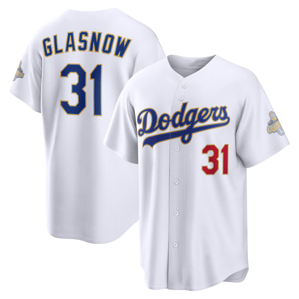 Los Angeles Dodgers #31 Tyler Glasnow White Puhics 2026 Gold Collection Stadium Jersey