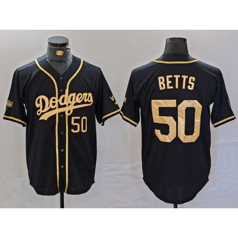 Los Angeles Dodgers #50 Mookie Betts Number Black Gold Puhics World Series Champions Cool Base Stitched Jersey