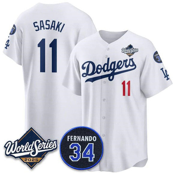 Los Angeles Dodgers #11 R¨­ki Sasaki White Puhics 2025 World Series With No. 34 Patch Limited Stitched Jersey