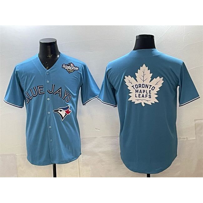 Toronto Blue Jays & Leafs Blue Puhics 2025 World Series With White Leafs Logo Cool Base Stitched Jersey