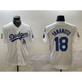 Los Angeles Dodgers #18 Yoshinobu Yamamoto White Puhics 2024 World Series With Fernando Memorial Patch Home Limited Stitched Jersey