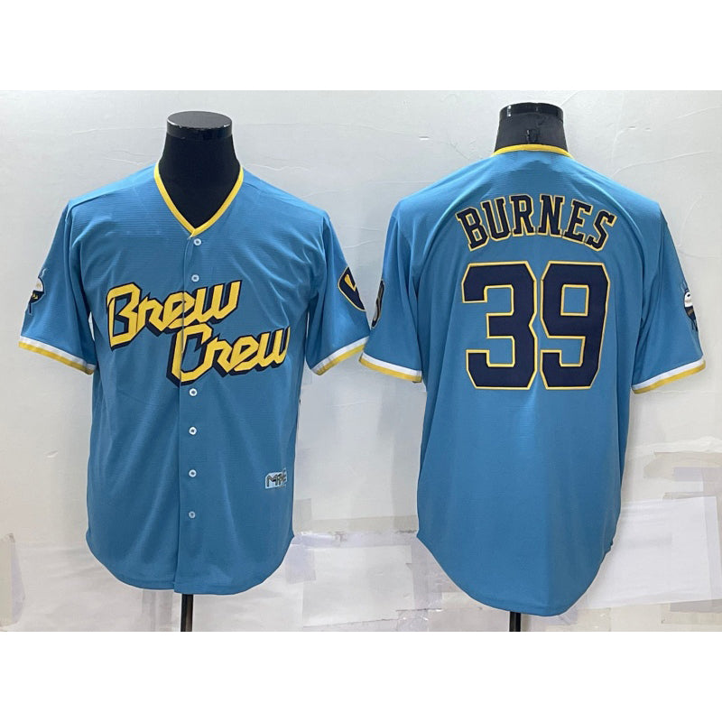 Milwaukee Brewers #39 Corbin Burnes Blue Puhics 2022 City Connect Cool Base Stitched Jersey