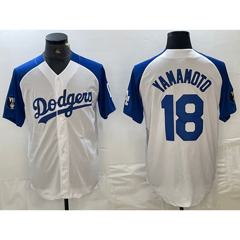 Los Angeles Dodgers #18 Yoshinobu Yamamoto White Blue Puhics Fashion Stitched Cool Base Limited Jerseys