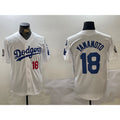 Los Angeles Dodgers #18 Yoshinobu Yamamoto White Puhics 2024 World Series With Fernando Memorial Patch Home Limited Stitched Jerseys