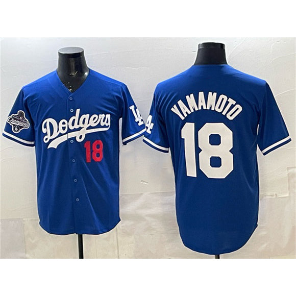 Los Angeles Dodgers #18 Yoshinobu Yamamoto Royal Puhics 2025 World Series Champions Patch Limited Stitched Jersey