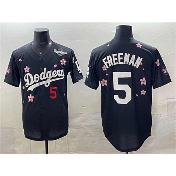 Los Angeles Dodgers #5 Freddie Freeman Black Puhics 2025 World Series Patch Tokyo Series Limited Stitched Jersey