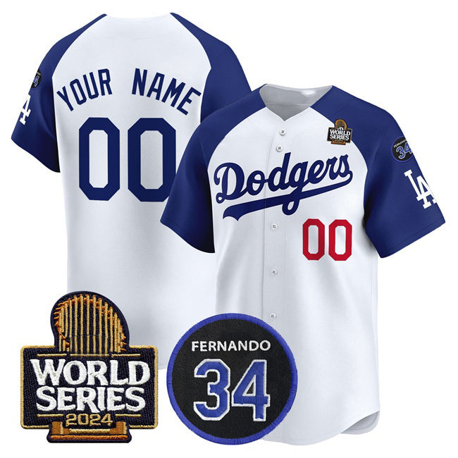 Custom Los Angeles Dodgers ACTIVE PLAYER White Royal Puhics 2024 World Series With Fernando Memorial Patch Limited Stitched Jersey