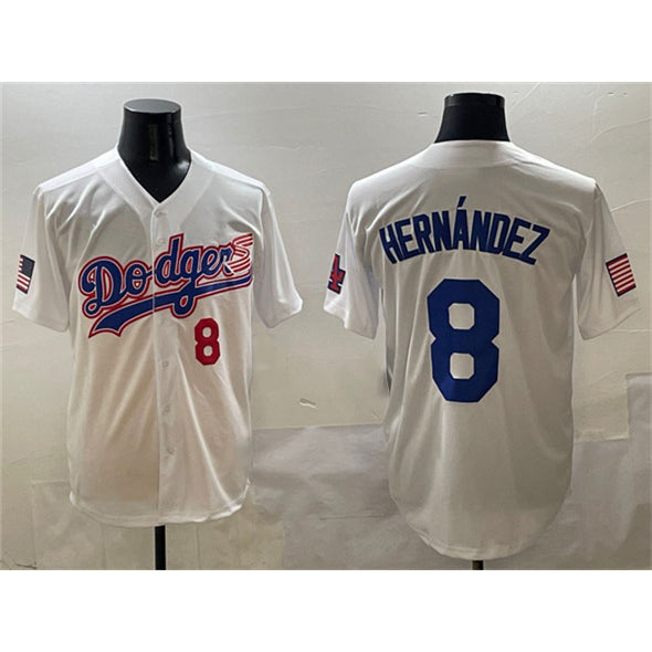 Los Angeles Dodgers #8 Enrique Hern¨¢ndez White Puhics With American Flag Patch Limited Stitched Jersey