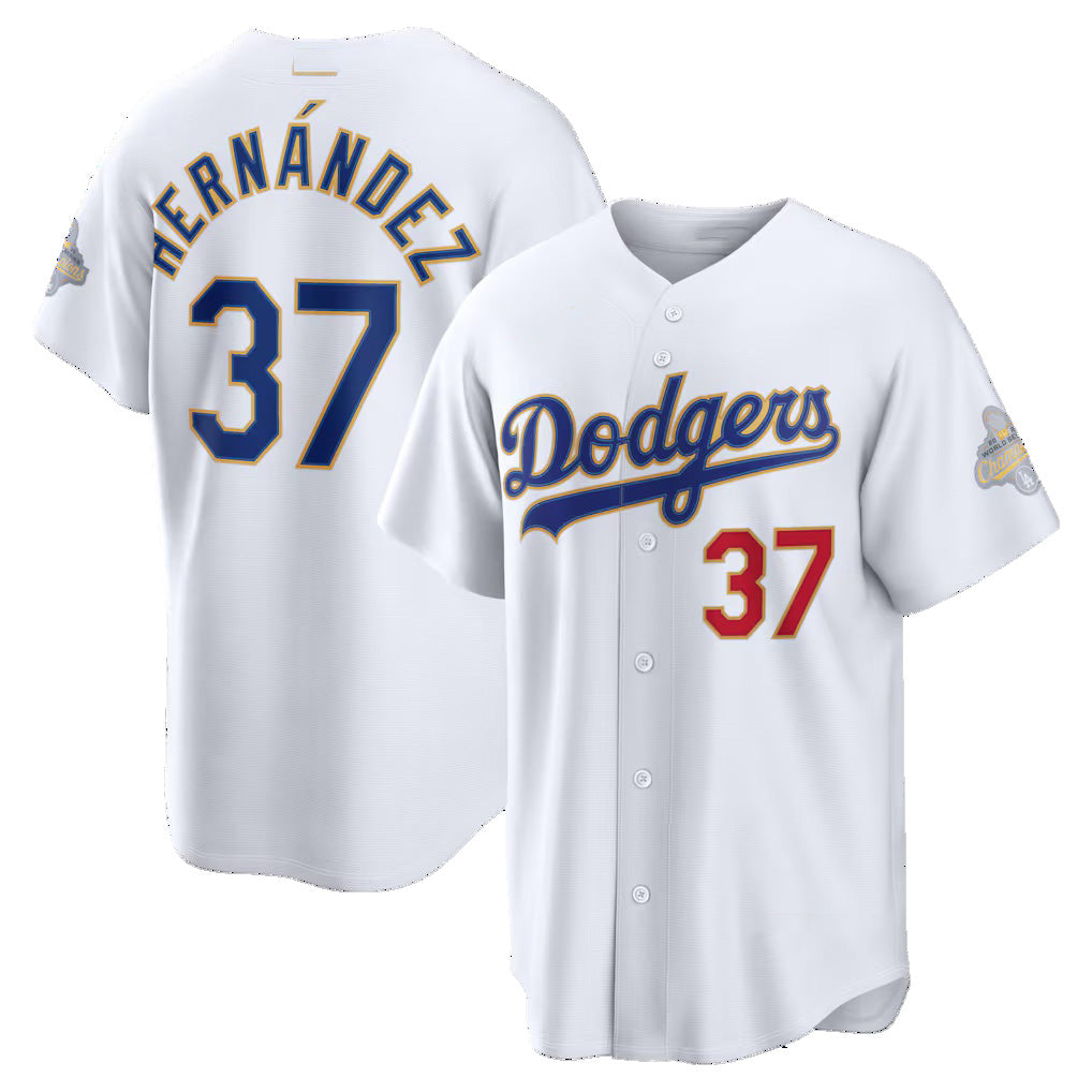 Los Angeles Dodgers #37 Teoscar Hern¨¢ndez White Puhics 2026 Gold Collection Stadium Jersey