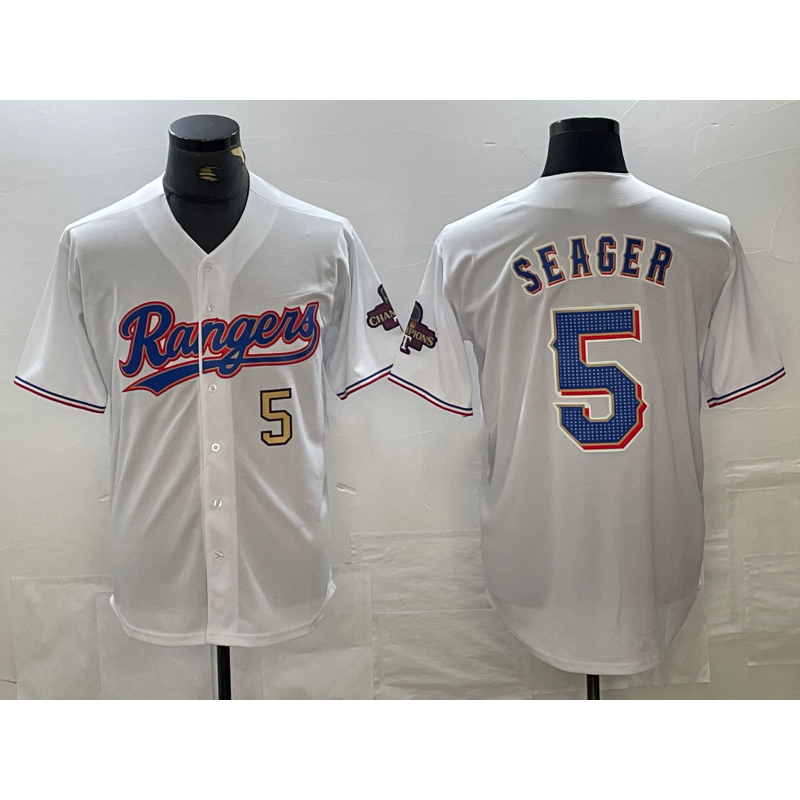 Texas Rangers #5 Corey Seager Number White Puhics 2023 World Series Champions Cool Base Jerseys