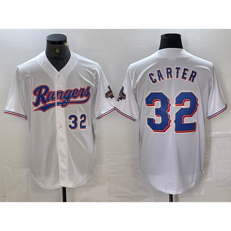 Texas Rangers #32 Evan Carter Number White Puhics 2023 World Series Champions Cool Base Jerseys