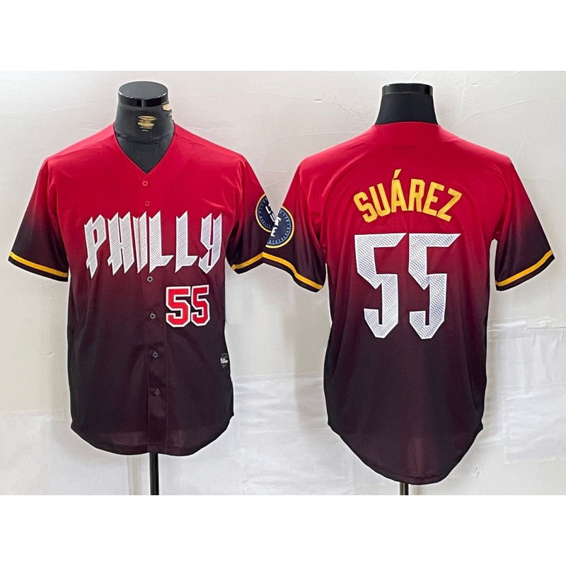Philadelphia Phillies #55 Ranger Suarez Red Puhics 2024 City Player Number Cool Base Jerseys
