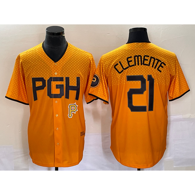Pittsburgh Pirates #21 Roberto Clemente Gold Puhics 2023 City Connect Stitched Jersey