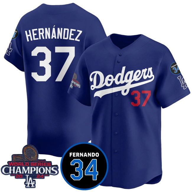 Los Angeles Dodgers #37 Teoscar Hernandez Royal Puhics 2024 World Series Champions With Fernando Memorial Patch Vapor Premier Limited Stitched Jersey