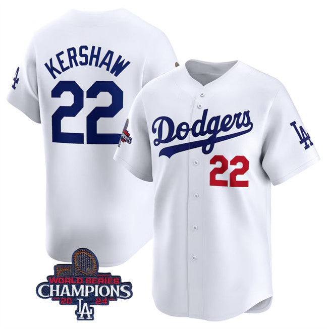 Los Angeles Dodgers #22 Clayton Kershaw White Puhics 2024 World Series Champions Home Limited Stitched Jersey
