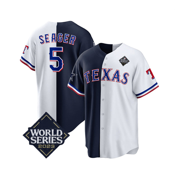 Texas Rangers & Cowboys #5 Corey Seager Navy White Puhics 2023 World Series Splite Stitched Jersey