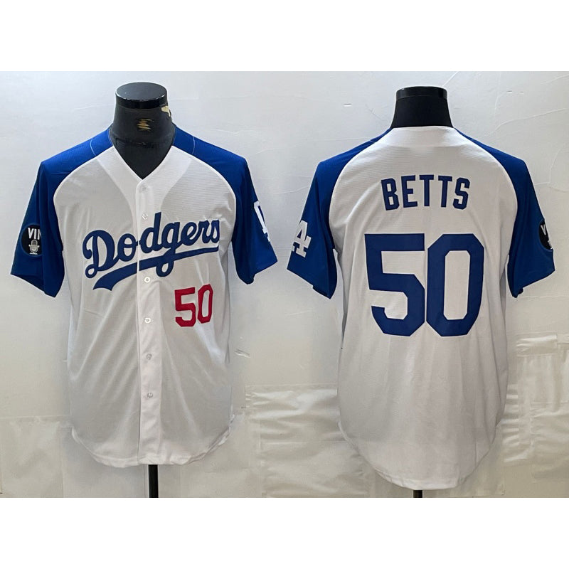 Los Angeles Dodgers #50 Mookie Betts Number White Blue Puhics Fashion Stitched Cool Base Limited Jerseys