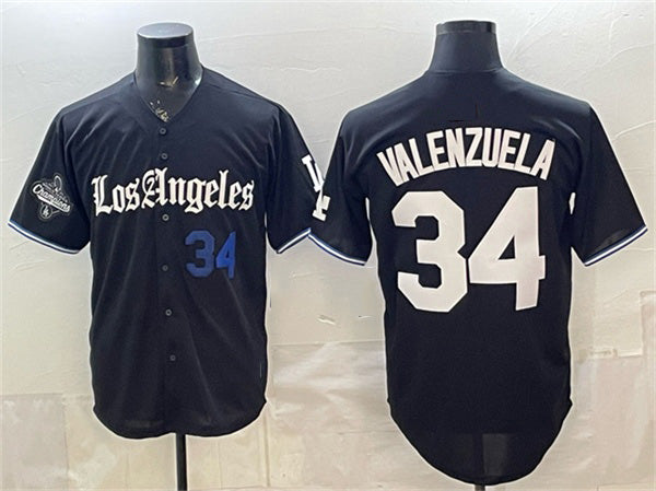 Los Angeles Dodgers #34 Fernando Valenzuela Black Puhics 2025 World Series Champions Patch 'Gothic Edition' Vapor Premier Limited Stitched Jersey