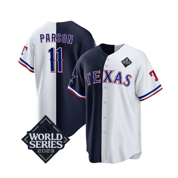 Texas Rangers & Cowboys #11 Micah Parsons Navy White Puhics Splite 2023 World Series Splite Stitched Jersey
