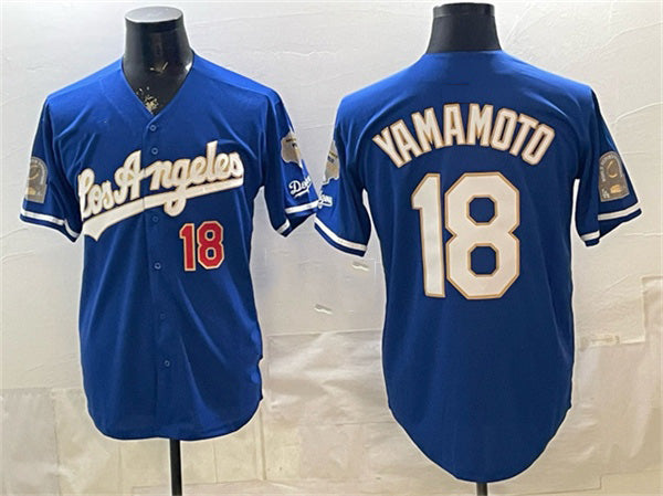 Los Angeles Dodgers #18 Yoshinobu Yamamoto Royal Puhics 2026 Gold Collection 9x & B2B Champs Patch Stitched Jersey