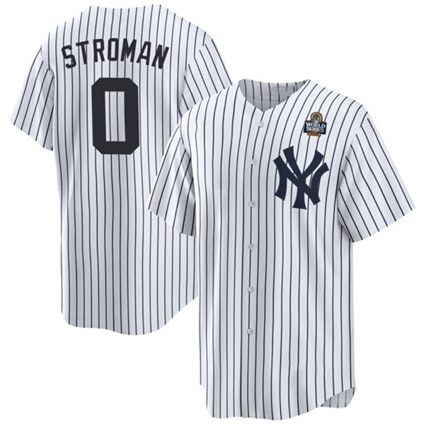 New York Yankees #0 Marcus Stroman White Puhics 2024 World Series With Name Cool Base Stitched Jersey