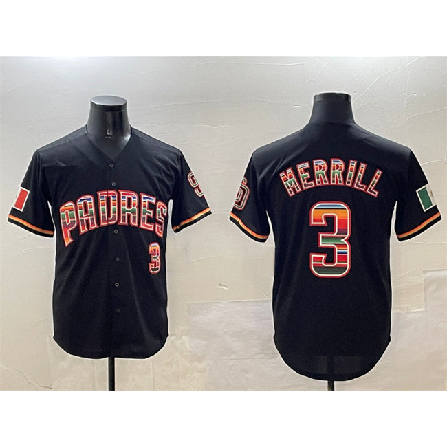 San Diego Padres #3 Jackson Merrill Black Puhics Mexico Cool Base Stitched Jersey