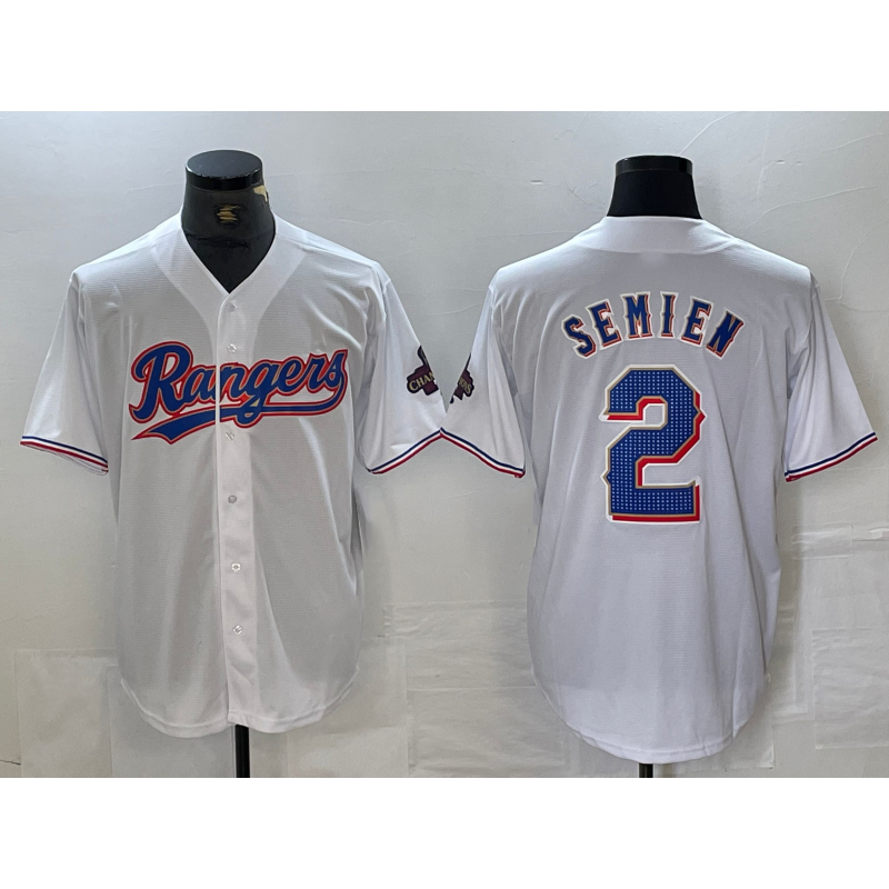 Texas Rangers #2 Marcus Semien White Puhics 2023 World Series Champions Cool Base Jersey