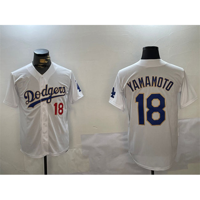 Los Angeles Dodgers #18 Yoshinobu Yamamoto White Gold Puhics Home Limited Stitched Jerseys