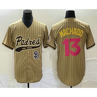 San Diego Padres #13 Manny Machado Tan Puhics Pinstripe 2023 City Connect Cool Base Stitched Jersey