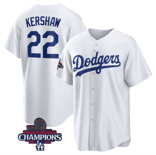 Los Angeles Dodgers #22 Clayton Kershaw White Puhics 2024 World Series Champions Cool Base Stitched Jersey