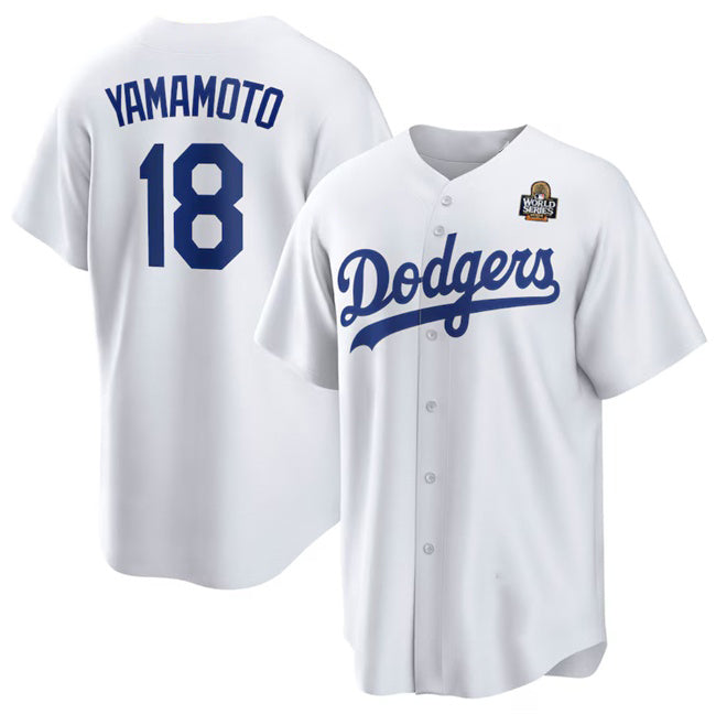 Los Angeles Dodgers #18 Yoshinobu Yamamoto White Puhics 2024 World Series Cool Base Stitched Jersey