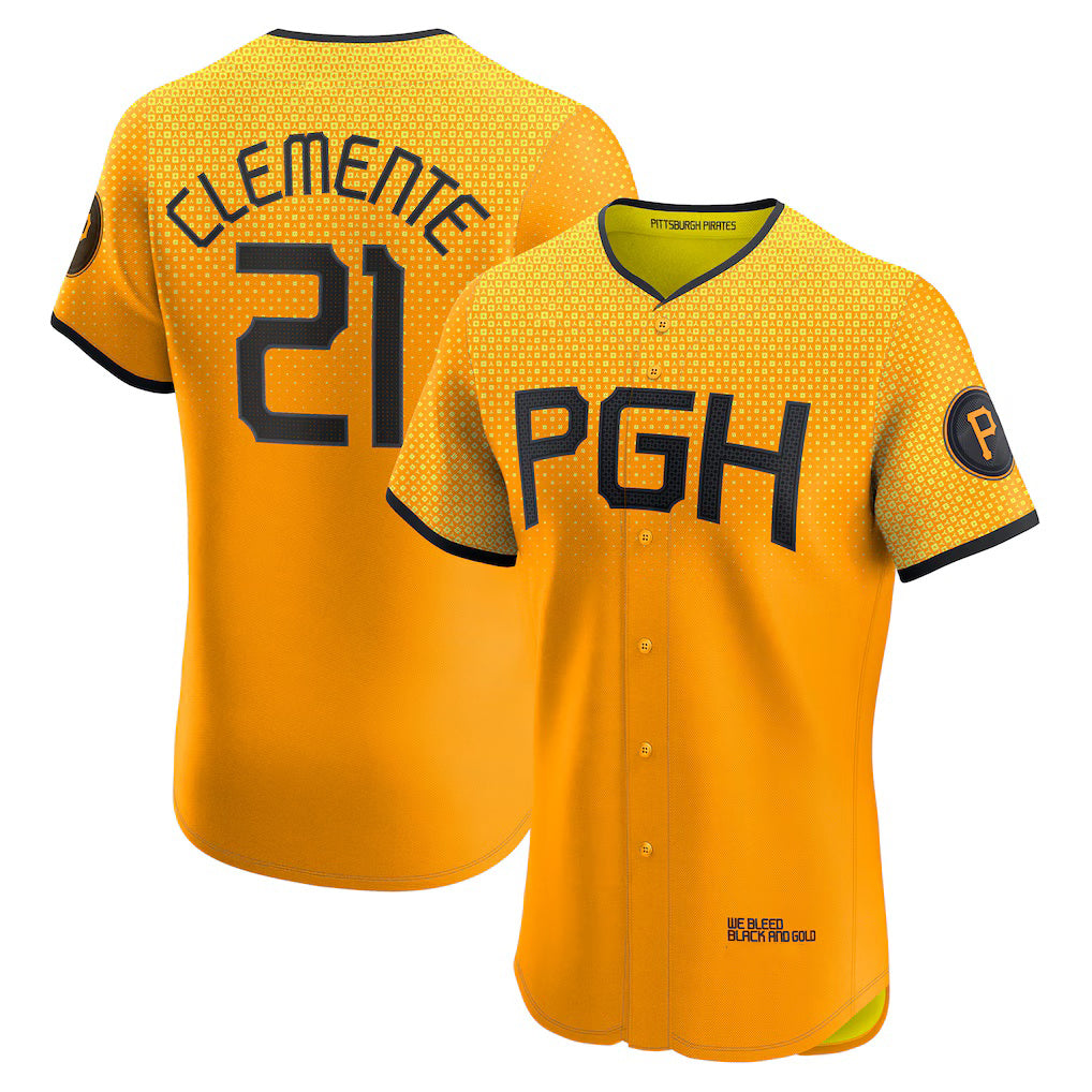 Pittsburgh Pirates #21 Roberto Clemente Gold Puhics City Connect Elite Player Jersey