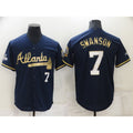 Atlanta Braves #7 Dansby Swanson Navy Blue Puhics 2021 World Series Champions Golden Edition Stitched Cool Base Jersey