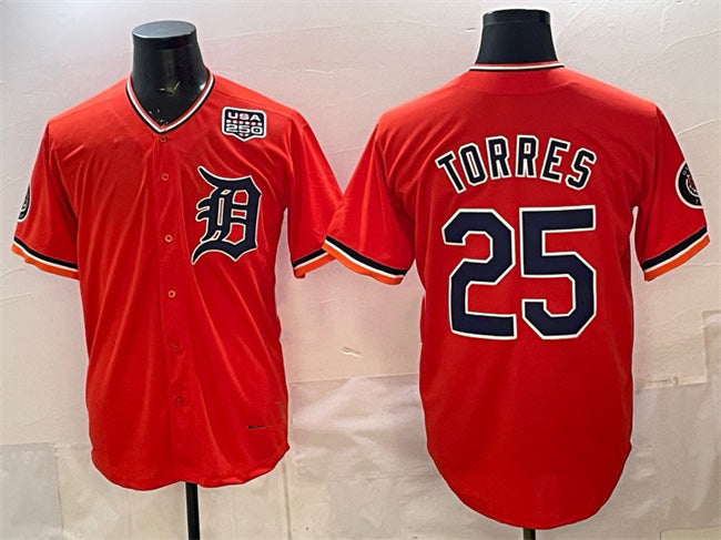 Detroit Tigers #25 Gleyber Torres Orange Puhics 2026 Alternate USA 250' Patch Vapor Premier Limited Stitched Jersey