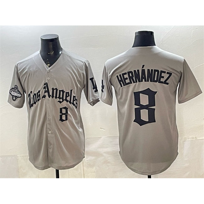 Los Angeles Dodgers #8 Enrique Hern¨¢ndez Grey Puhics LA Gothic Style With 2025 World Series Champions Patch Limited Stitched Jersey