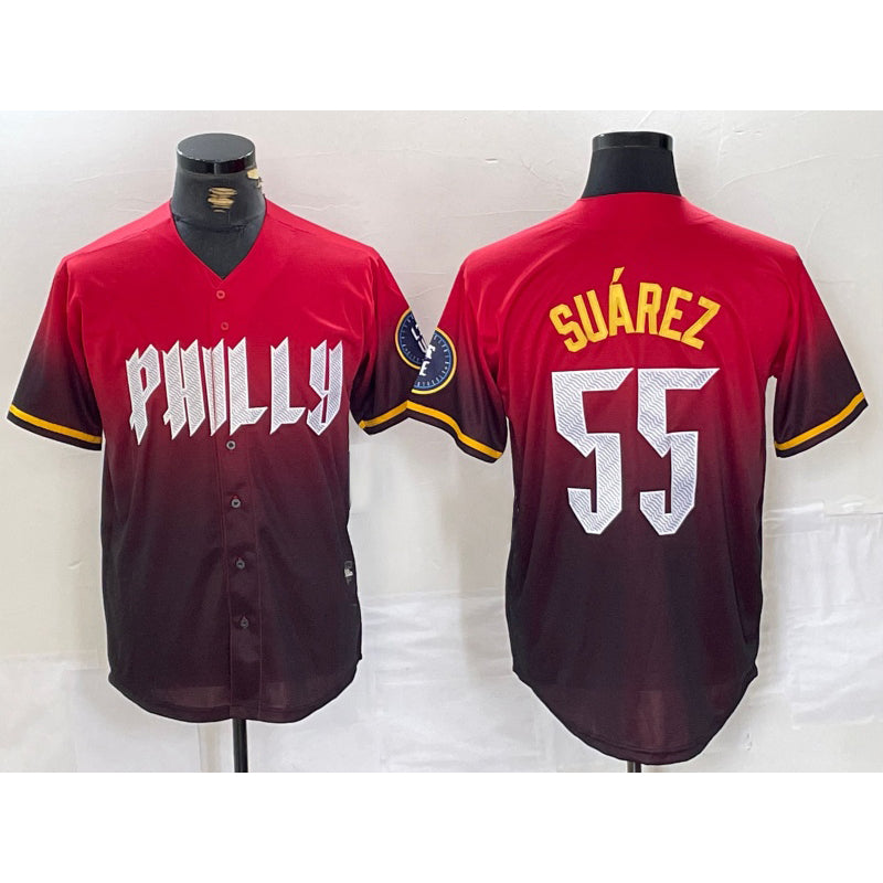 Philadelphia Phillies #55 Ranger Suarez Red Puhics 2024 City Player Number Cool Base Jersey 2