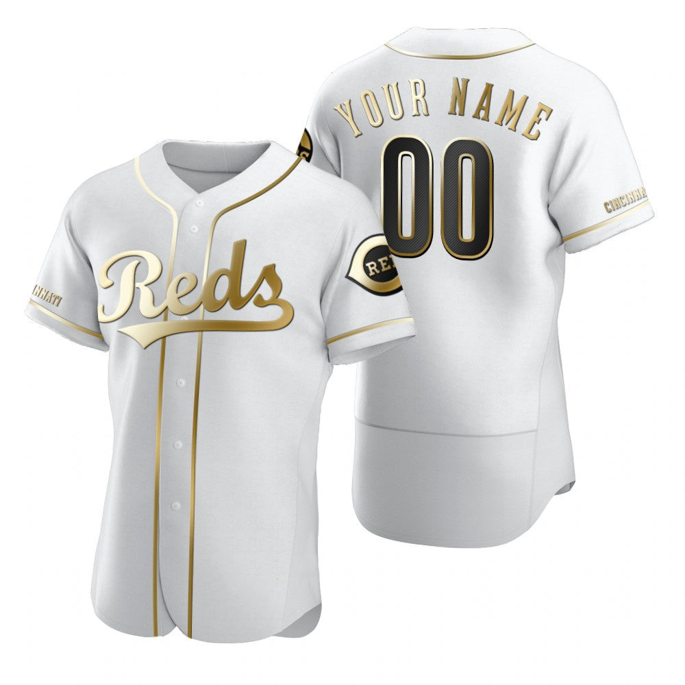 Custom Cincinnati Reds White Puhics Stitched Flex Base Golden Edition Jersey