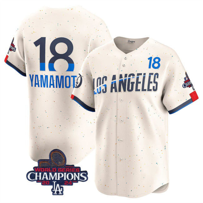 Los Angeles Dodgers #18 Yoshinobu Yamamoto Cream Puhics 2024 World Series Champions City Connect Limited Stitched Jersey