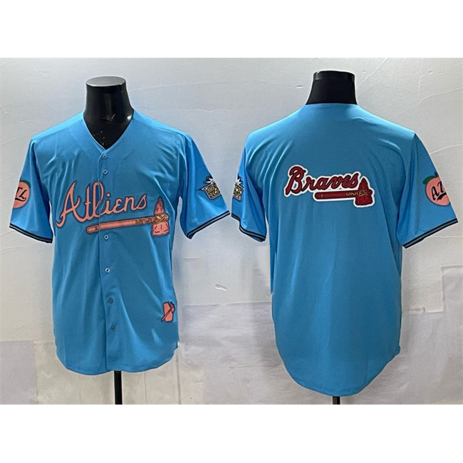 Atlanta Braves Team Big Logo Blue Puhics 2024 Atliens & Peach With Outkast Patch Vapor Limited Stitched Jersey