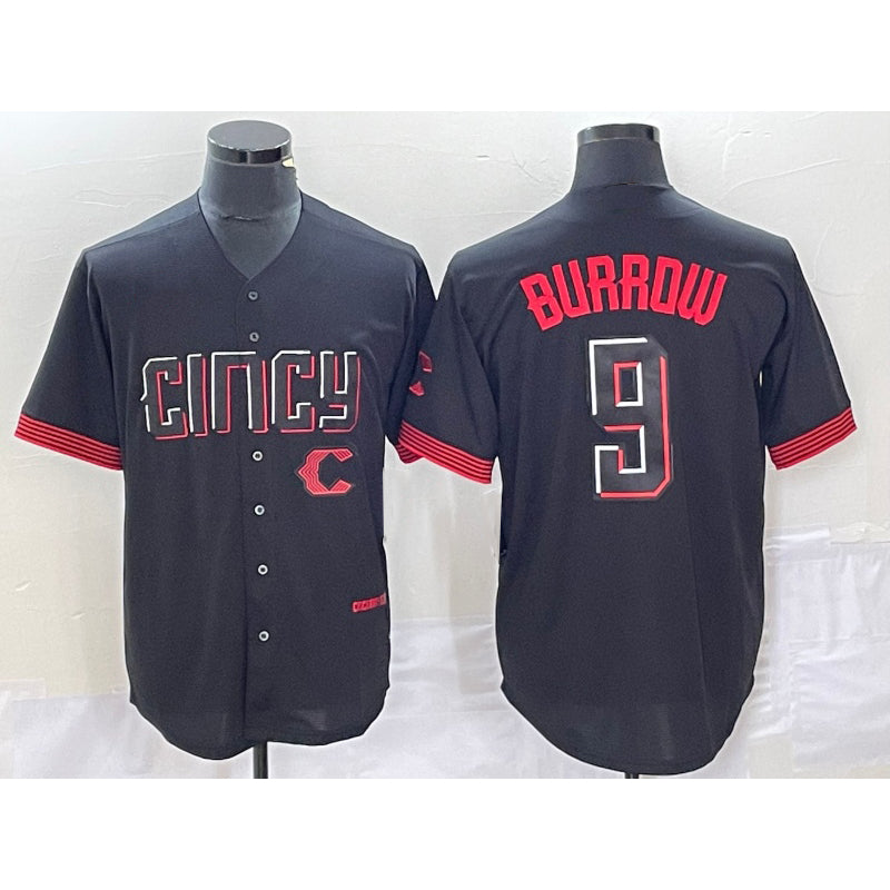 Cincinnati Reds #9 Joe Burrow Black Puhics 2023 City Connect Cool Base Stitched Jersey