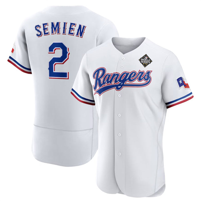 Texas Rangers #2 Marcus Semien White Puhics 2023 World Series Flex Base Stitched Jersey