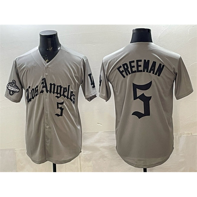 Los Angeles Dodgers #5 Freddie Freeman Grey Puhics LA Gothic Style With 2025 World Series Champions Patch Limited Stitched Jersey