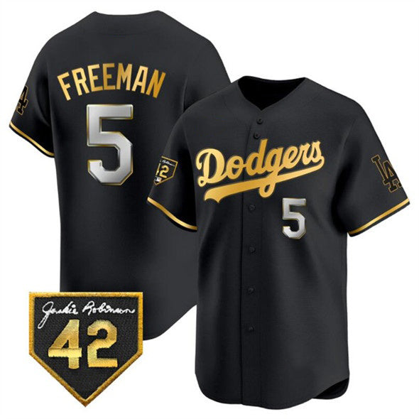 Los Angeles Dodgers #5 Freddie Freeman Black Gold Puhics With Jackie Robinson Patch Limited Stitched Jersey
