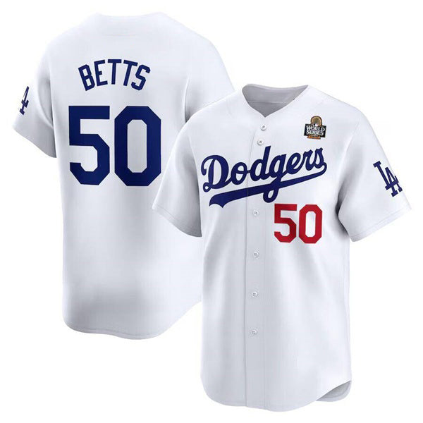 Los Angeles Dodgers #50 Mookie Betts White Puhics 2024 World Series Home Limited Cool Base Stitched Jersey
