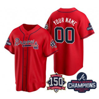 Custom Atlanta Braves Red Puhics Active Player 2021 World Series Chimpions With 150th Anniversary Cool Base Stitched Jersey