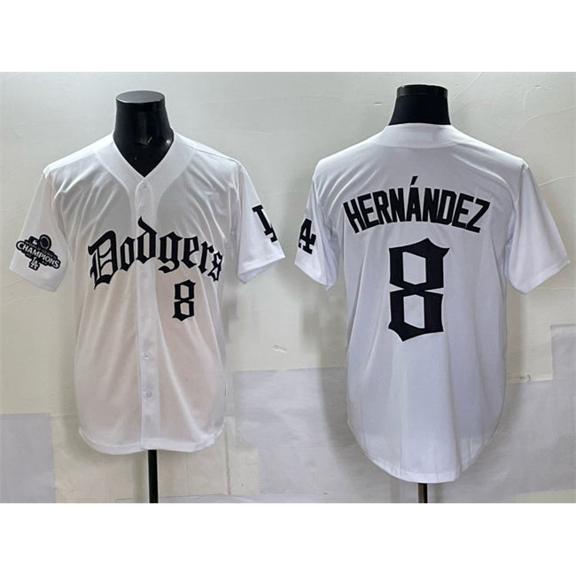 Los Angeles Dodgers #8 Enrique Hern¨¢ndez White Puhics 2025 LA Gothic Style With 2024 World Series Champions Patch Vapor Premier Limited Stitched Jersey
